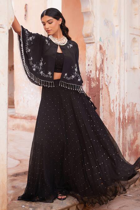 Buy Geroo Jaipur Black Chiffon, Jacquard Sequins, Pearls Round Neck Lehenga Set Online at Aza Fashions Buy_Geroo Jaipur_Black Chiffon, Jacquard Sequins, Pearls Round Neck Lehenga Set _Online_at_Aza_Fashions