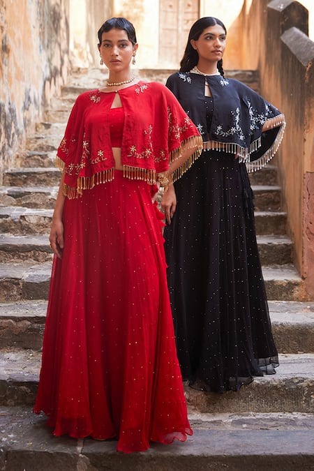 Shop Geroo Jaipur Black Chiffon, Jacquard Sequins, Pearls Round Neck Lehenga Set Online at Aza Fashions Shop_Geroo Jaipur_Black Chiffon, Jacquard Sequins, Pearls Round Neck Lehenga Set _Online_at_Aza_Fashions