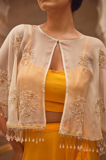 Geroo Jaipur Yellow Chiffon, Jacquard Embroidery, Sequins Round Neck Lehenga Set Online at Aza Fashions Geroo Jaipur_Yellow Chiffon, Jacquard Embroidery, Sequins Round Neck Lehenga Set _Online_at_Aza_Fashions