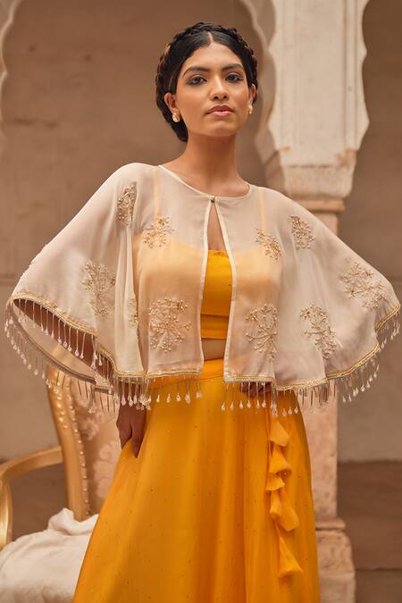 Geroo Jaipur Yellow Chiffon, Jacquard Embroidery, Sequins Round Neck Lehenga Set at Aza Fashions Geroo Jaipur_Yellow Chiffon, Jacquard Embroidery, Sequins Round Neck Lehenga Set _at_Aza_Fashions