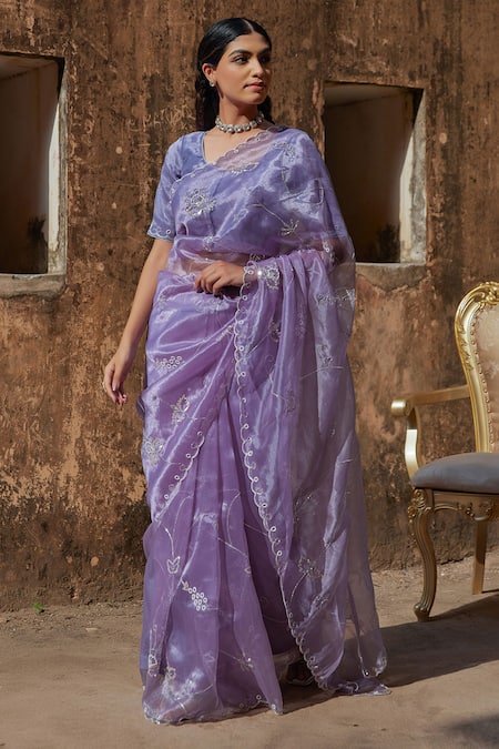 Geroo Jaipur Hand Embroidered Tissue Saree Set 
