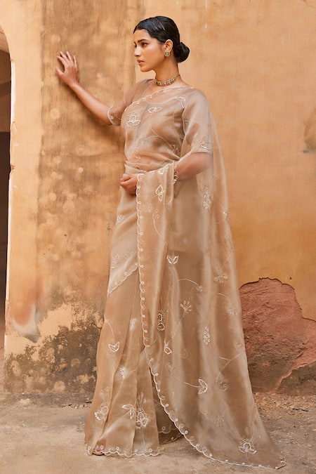 Geroo Jaipur Gold Tissue Sequins, Embroidery Round Neck Hand Metallic Saree Set Online at Aza Fashions Geroo Jaipur_Gold Tissue Sequins, Embroidery Round Neck Hand Metallic Saree Set _Online_at_Aza_Fashions