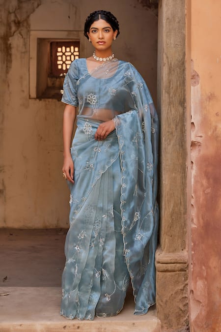 Geroo Jaipur_Blue Tissue Embroidery, Sequins Round Neck Saree Set _Online_at_Aza_Fashions