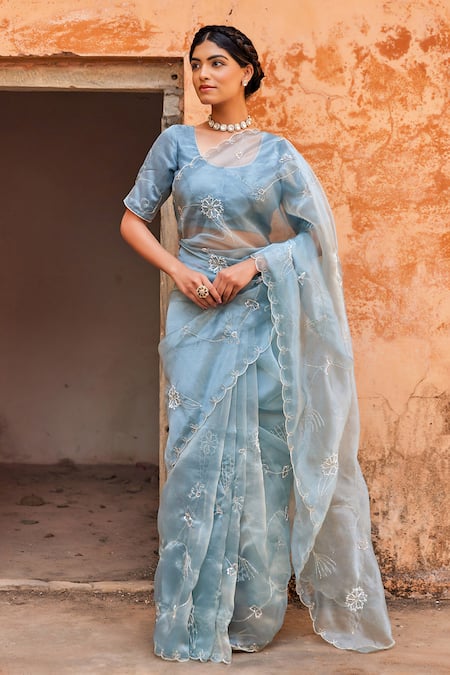 Geroo Jaipur Blue Tissue Saree Set 