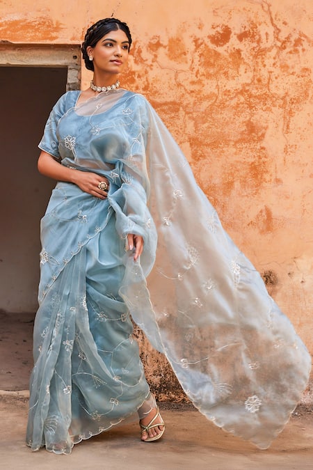 Buy_Geroo Jaipur_Blue Tissue Embroidery, Sequins Round Neck Saree Set _Online_at_Aza_Fashions