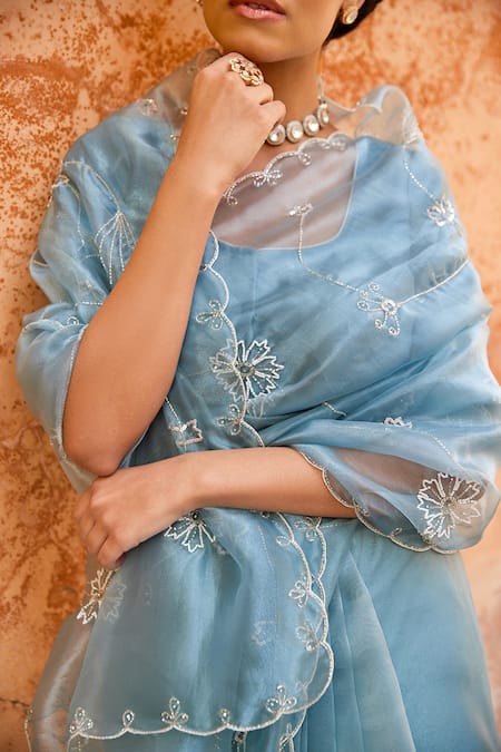 Shop_Geroo Jaipur_Blue Tissue Embroidery, Sequins Round Neck Saree Set _Online_at_Aza_Fashions