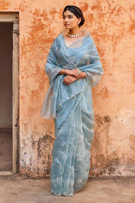 Geroo Jaipur_Blue Tissue Embroidery, Sequins Round Neck Saree Set _at_Aza_Fashions