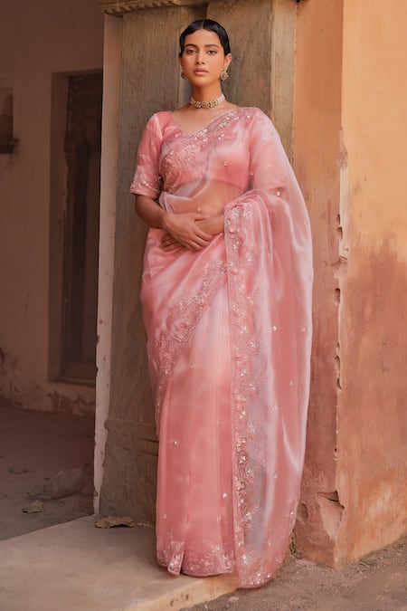 Geroo Jaipur Peach Tissue Saree Set 