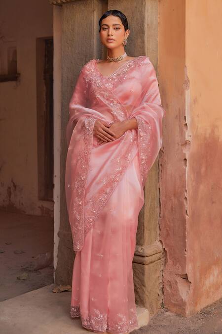 Buy_Geroo Jaipur_Peach Tissue Pearls, Sequins Round Neck Saree Set _Online_at_Aza_Fashions
