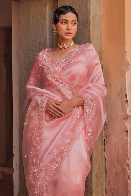 Shop_Geroo Jaipur_Peach Tissue Pearls, Sequins Round Neck Saree Set _Online_at_Aza_Fashions