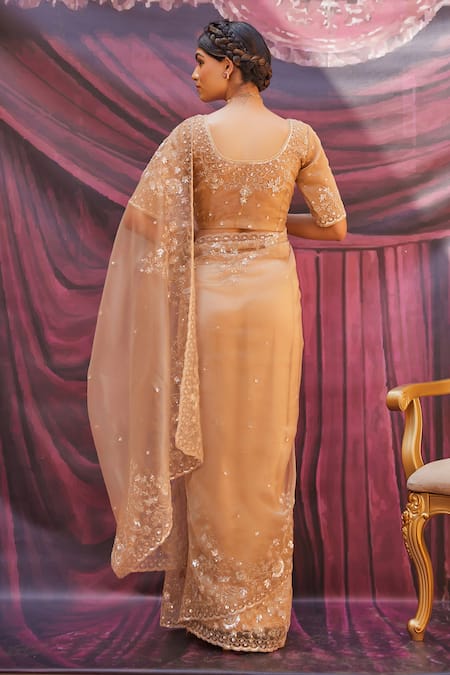 Geroo Jaipur Champagne Gold Embroidered Saree Set