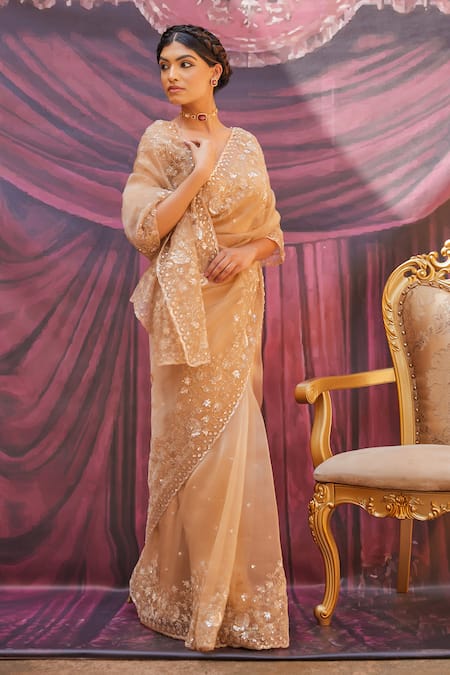 Geroo Jaipur Gold Tissue Embroidery Round Neck Champagne Saree Set Online at Aza Fashions Geroo Jaipur_Gold Tissue Embroidery Round Neck Champagne Saree Set _Online_at_Aza_Fashions