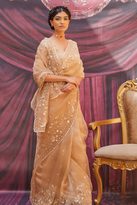 Buy Geroo Jaipur Gold Tissue Embroidery Round Neck Champagne Saree Set Online at Aza Fashions Buy_Geroo Jaipur_Gold Tissue Embroidery Round Neck Champagne Saree Set _Online_at_Aza_Fashions