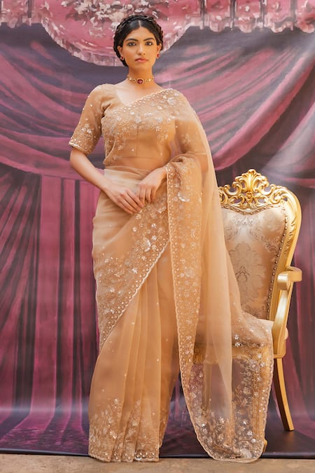 Geroo Jaipur Champagne Gold Embroidered Saree Set 