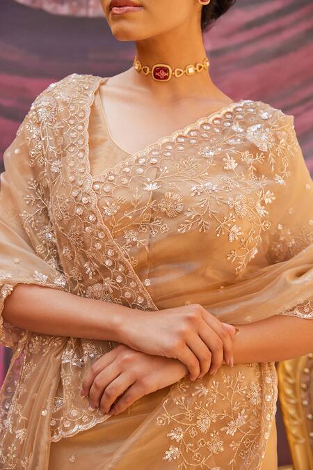 Geroo Jaipur Gold Tissue Embroidery Round Neck Champagne Saree Set at Aza Fashions Geroo Jaipur_Gold Tissue Embroidery Round Neck Champagne Saree Set _at_Aza_Fashions