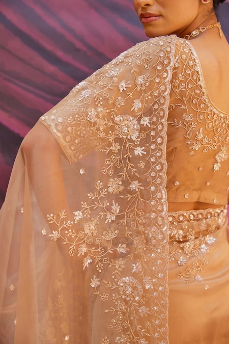 Buy Geroo Jaipur Gold Tissue Embroidery Round Neck Champagne Saree Set Buy_Geroo Jaipur_Gold Tissue Embroidery Round Neck Champagne Saree Set