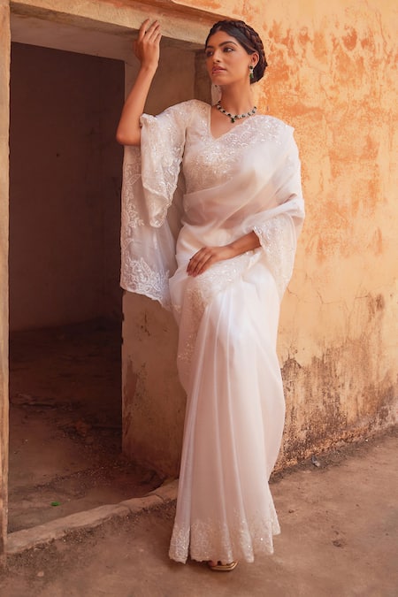 Geroo Jaipur Delicate Hand Embroidered White Saree Set 