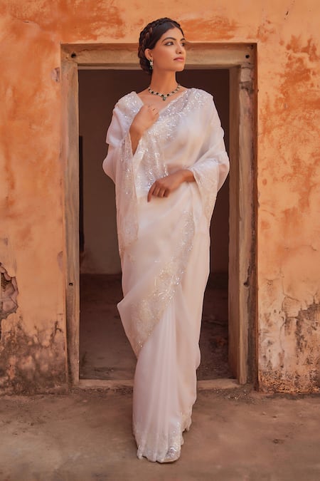 Buy_Geroo Jaipur_White Tissue Sequins Round Neck Delicate Hand Embroidered Saree Set _Online_at_Aza_Fashions