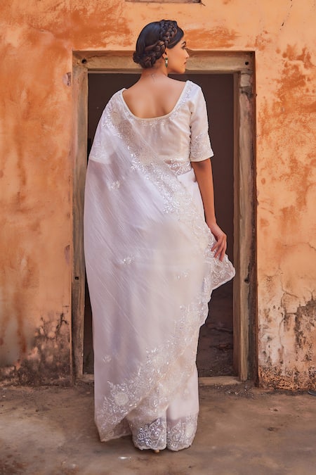 Geroo Jaipur Delicate Hand Embroidered White Saree Set