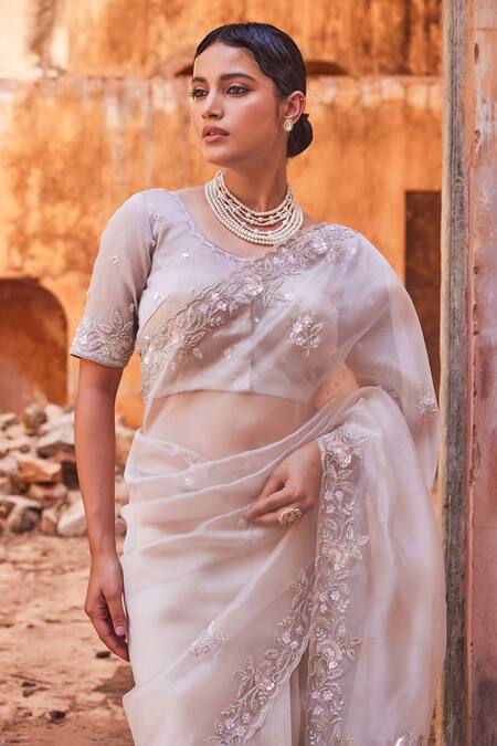 Geroo Jaipur Gray Tissue Sequins, Embroidery Round Neck Hand Dusty Silver Saree Set Online at Aza Fashions Geroo Jaipur_Gray Tissue Sequins, Embroidery Round Neck Hand Dusty Silver Saree Set _Online_at_Aza_Fashions