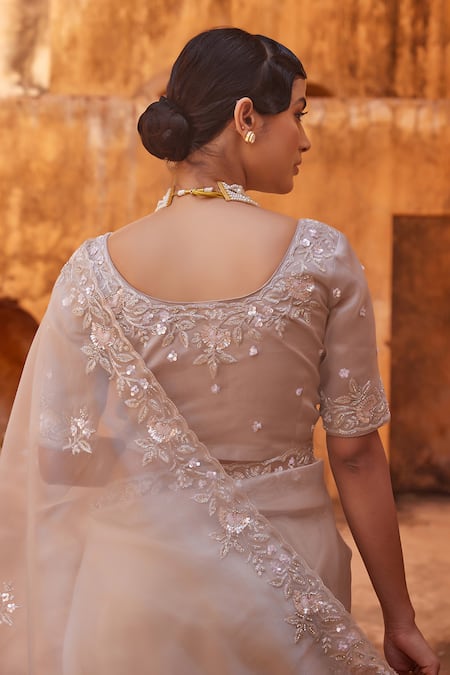 Geroo Jaipur Hand Embroidered Dusty Silver Saree Set