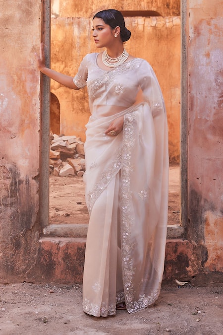 Geroo Jaipur Hand Embroidered Dusty Silver Saree Set 