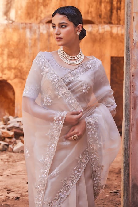 Geroo Jaipur Gray Tissue Sequins, Embroidery Round Neck Hand Dusty Silver Saree Set at Aza Fashions Geroo Jaipur_Gray Tissue Sequins, Embroidery Round Neck Hand Dusty Silver Saree Set _at_Aza_Fashions