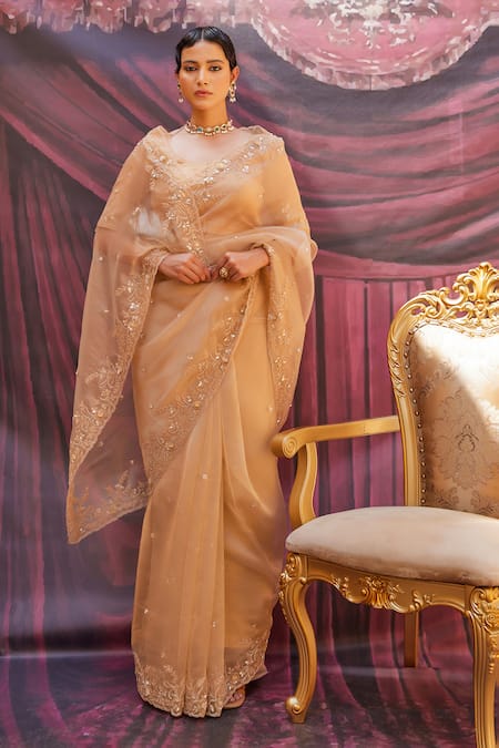 Geroo Jaipur Hand Embroidered Tissue Saree Set 