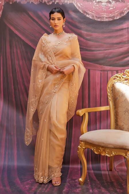 Buy_Geroo Jaipur_Gold Tissue Zari, Sequins Round Neck Hand Embroidered Saree Set _Online_at_Aza_Fashions