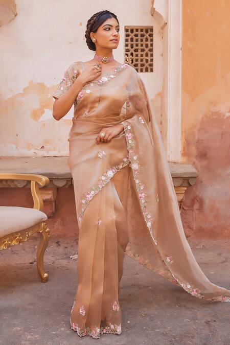 Shop Geroo Jaipur Gold Tissue Embroidery Round Neck Antique Saree Set Online at Aza Fashions Shop_Geroo Jaipur_Gold Tissue Embroidery Round Neck Antique Saree Set _Online_at_Aza_Fashions