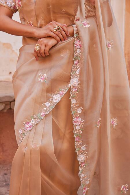 Buy Geroo Jaipur Gold Tissue Embroidery Round Neck Antique Saree Set Buy_Geroo Jaipur_Gold Tissue Embroidery Round Neck Antique Saree Set