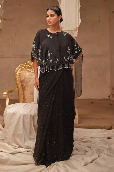 Geroo Jaipur_Black Chiffon Mirrors, Embroidery, Sequins Round Neck Mukaish Saree Set _Online_at_Aza_Fashions