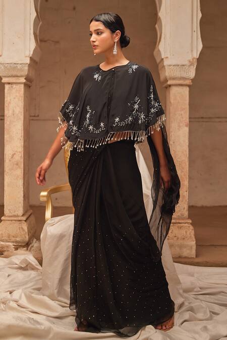 Buy_Geroo Jaipur_Black Chiffon Mirrors, Embroidery, Sequins Round Neck Mukaish Saree Set _Online_at_Aza_Fashions