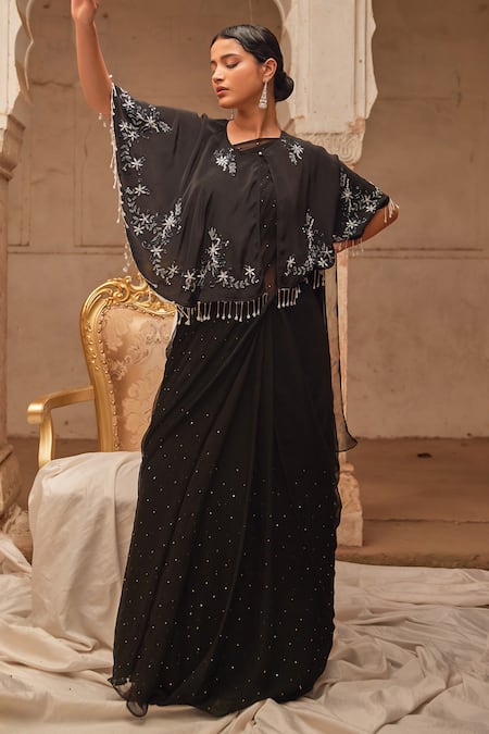 Geroo Jaipur Black Mukaish Embroidered Saree Set 
