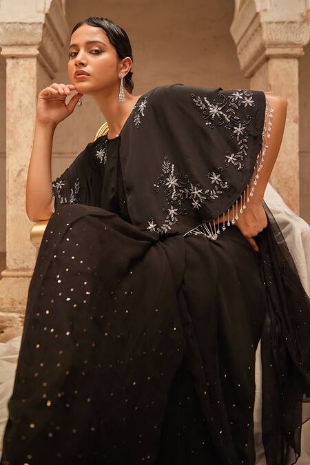 Shop_Geroo Jaipur_Black Chiffon Mirrors, Embroidery, Sequins Round Neck Mukaish Saree Set _Online_at_Aza_Fashions