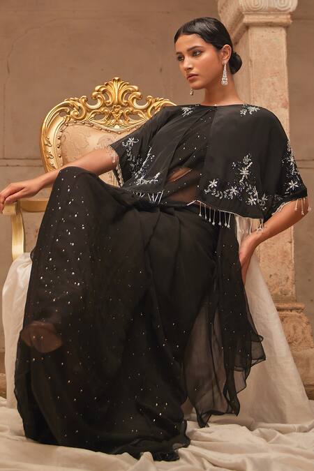 Geroo Jaipur_Black Chiffon Mirrors, Embroidery, Sequins Round Neck Mukaish Saree Set _at_Aza_Fashions