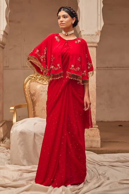Geroo Jaipur Red Mukaish Saree Set 