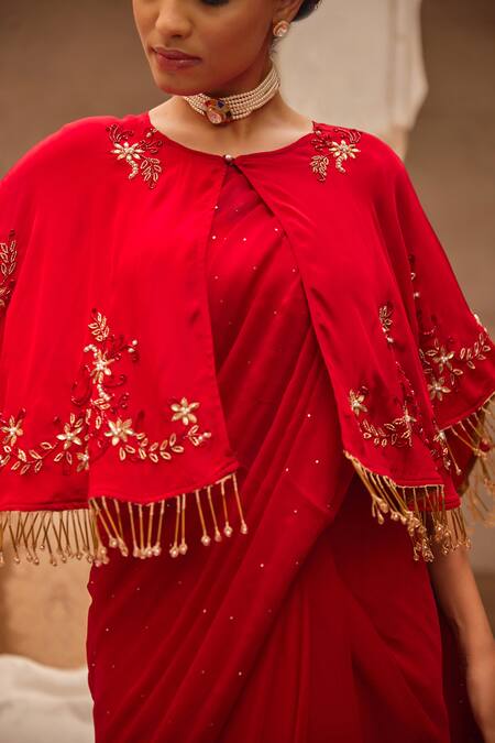 Geroo Jaipur Red Chiffon Embroidery, Sequins, Pearls Round Neck Mukaish Saree Set Online at Aza Fashions Geroo Jaipur_Red Chiffon Embroidery, Sequins, Pearls Round Neck Mukaish Saree Set _Online_at_Aza_Fashions