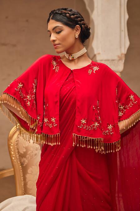 Shop Geroo Jaipur Red Chiffon Embroidery, Sequins, Pearls Round Neck Mukaish Saree Set Online at Aza Fashions Shop_Geroo Jaipur_Red Chiffon Embroidery, Sequins, Pearls Round Neck Mukaish Saree Set _Online_at_Aza_Fashions
