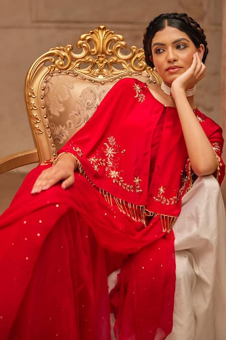 Geroo Jaipur Red Chiffon Embroidery, Sequins, Pearls Round Neck Mukaish Saree Set at Aza Fashions Geroo Jaipur_Red Chiffon Embroidery, Sequins, Pearls Round Neck Mukaish Saree Set _at_Aza_Fashions