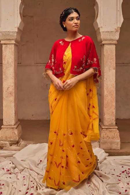 Buy_Geroo Jaipur_Yellow Chiffon Embroidery, Sequins Round Neck Hand Saree Set_Online_at_Aza_Fashions