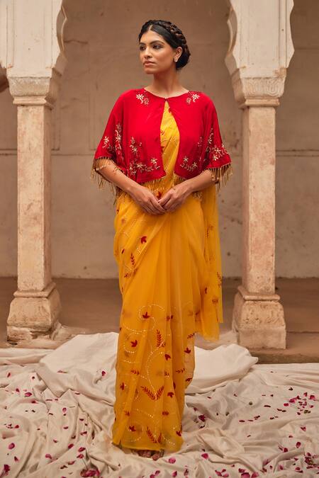 Shop_Geroo Jaipur_Yellow Chiffon Embroidery, Sequins Round Neck Hand Saree Set_Online_at_Aza_Fashions