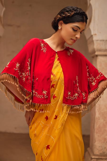 Geroo Jaipur_Yellow Chiffon Embroidery, Sequins Round Neck Hand Saree Set_at_Aza_Fashions