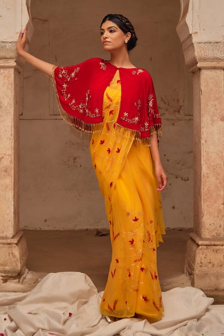 Geroo Jaipur Yellow Hand Embroidered Chiffon Saree Set 