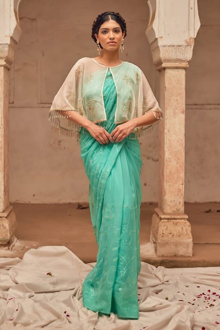 Geroo Jaipur Aqua Hand Embroidered Chiffon Saree Set 