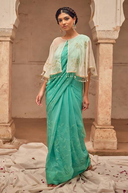 Geroo Jaipur_Aqua Chiffon, Silk Embroidery, Sequins, Pearls Round Neck Hand Saree Set _Online_at_Aza_Fashions