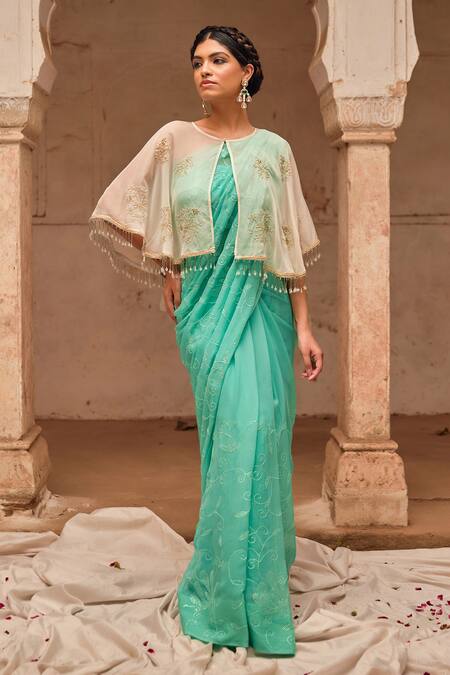 Buy_Geroo Jaipur_Aqua Chiffon, Silk Embroidery, Sequins, Pearls Round Neck Hand Saree Set _Online_at_Aza_Fashions
