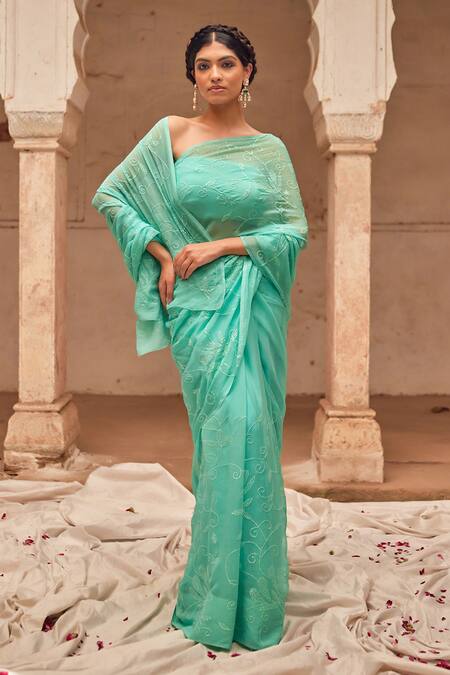 Shop_Geroo Jaipur_Aqua Chiffon, Silk Embroidery, Sequins, Pearls Round Neck Hand Saree Set _Online_at_Aza_Fashions