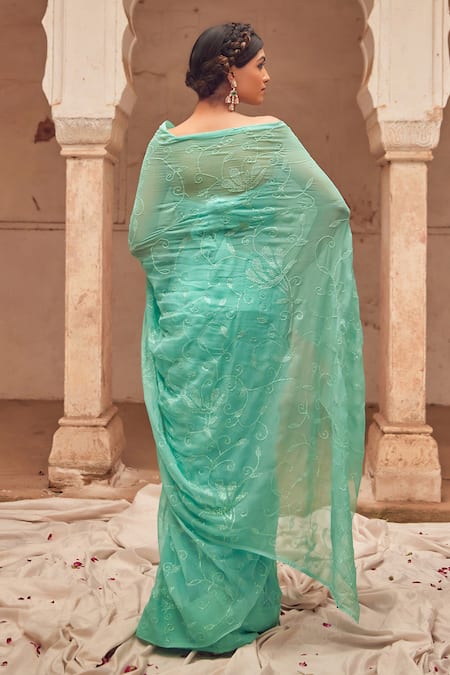 Geroo Jaipur Aqua Hand Embroidered Chiffon Saree Set 