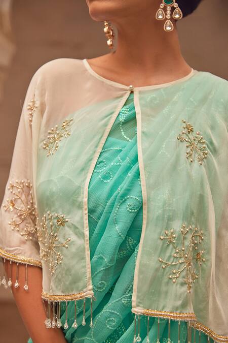 Buy_Geroo Jaipur_Aqua Chiffon, Silk Embroidery, Sequins, Pearls Round Neck Hand Saree Set 
